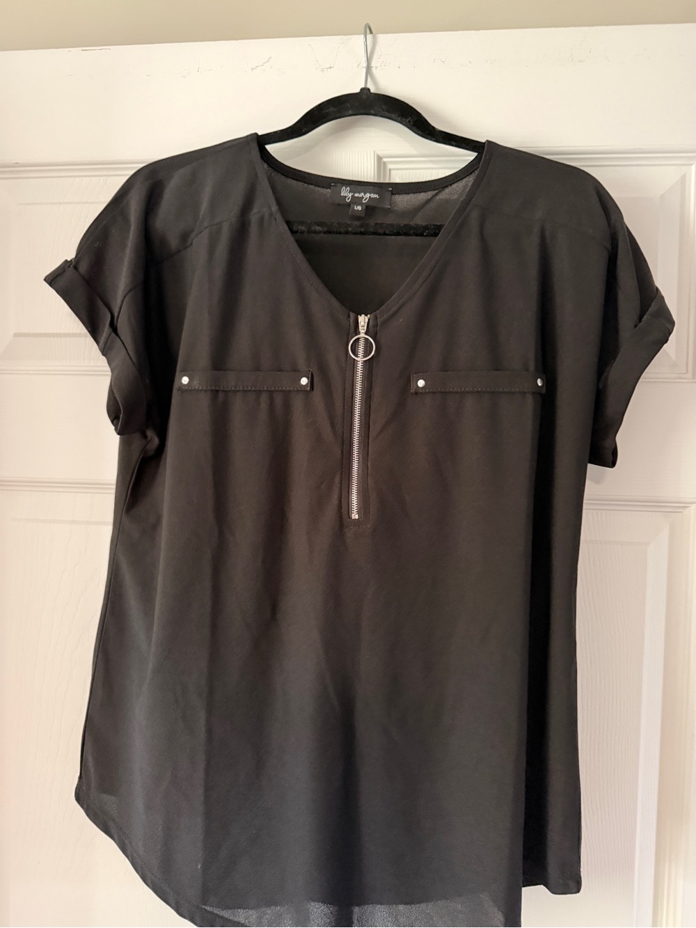 Black Women's Short Sleeve Zip Front Blouse